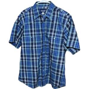 Wrangler Vintage Blue Plaid Pearl Snap Button Up Cotton Short Sleeve Shirt Men L